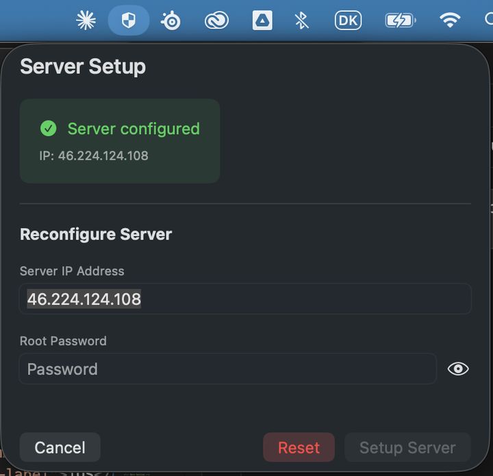 BlarisVPN menu bar app showing a configured Hetzner server