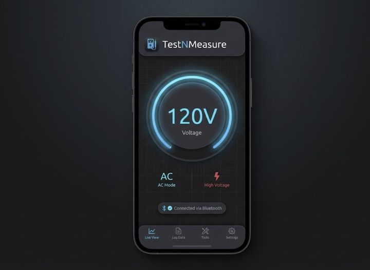 TestNMeasure iOS app showing a live multimeter voltage reading